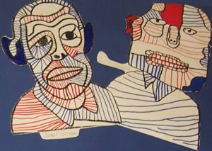 portrait à la manière de Dubuffet avec des graphismes rouges et bleus faits par un enfant de maternelle