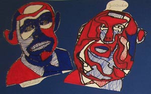 portrait à la manière de Dubuffet avec des graphismes  et coloriages rouges et bleus faits par un enfant de maternelle