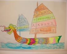 fiche de graphisme et coloriage avec un bateau chinois