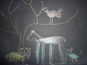 dessin au crayon des animaux de l'histoire des musiciens de Brême quand les animaux sont dans la forêt