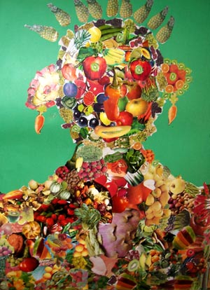 portrait à la manière d'Arcimboldo avec des légumes et des fruits en collage fait par des enfants