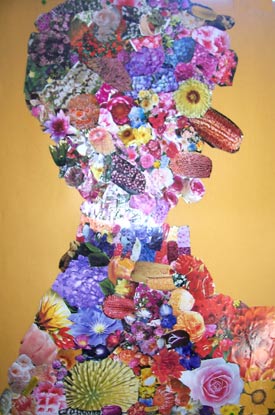 portrait à la manière d'Arcimboldo avec des fleurs en collage fait par des enfants