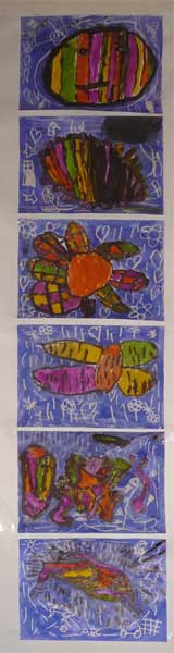 peinture à la manière de Combas faite par un enfant de maternelle en utilisant de l'encre pour le fond et des encres de couleur pour les dessins