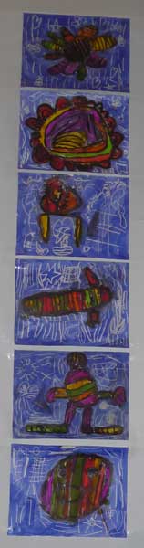 plusieurs dessins à la manière de Combas faites par des enfants de maternelle sur fond à l'encre bleue