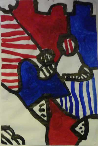 peinture acrylique à la manière de Dubuffet réalisée avec des graphismes rouges et bleus