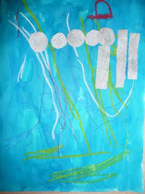 tableau bleu inspiré d'Hundertwasser fait par un enfant de maternelle avec des encres des pastels et des collages