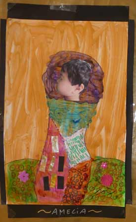 tableau fait d'après le baiser de Klimt par un enfant de maternelle