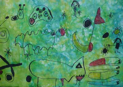 sur un fond vert dessins et graphismes aux feutres inspirés de Miro faits par des enfants de l'école maternelle