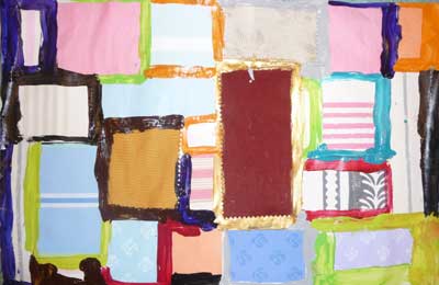 tissus et papiers collés et peinture acrylique à la manière de Mondrian