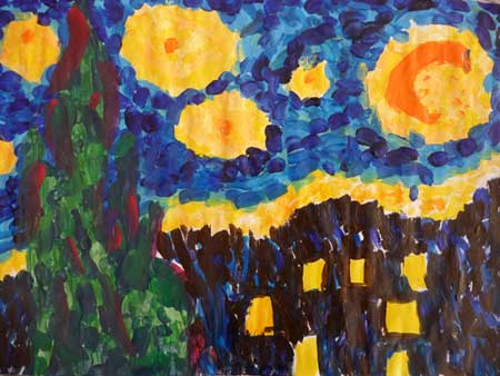 tableau à la gouache fait par un enfant de maternelle ressemblant à nuit étoilée de Van-Gogh