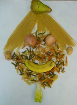 portrait avec des pâtes et une banane à la manière d'Arcimboldo