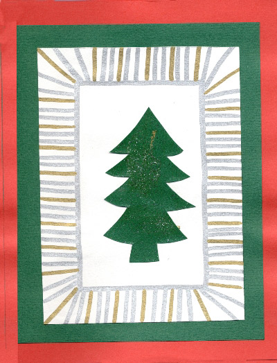 carte de Noël avec unsapin central collé et des graphismes dorés et argentés