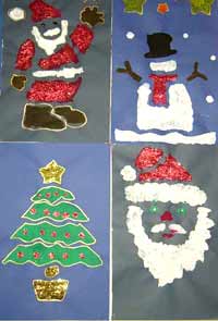 collages de Noël avec du papier, de la peinture, des pailletes