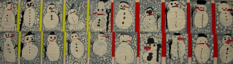 fresque composée de bonshommes de neige à la peinture gouache