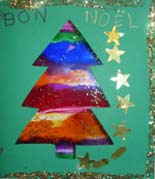 carte de Noël avec sapin en vitrail et étoile réalisé sur du papier transparent