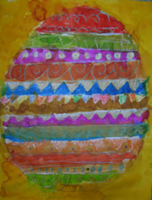 oeuf décorés de graphismes aux pastels et colorié à l'encre