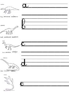 fiches abécédaire d'écriture cursive sur le thème des dinosaures
