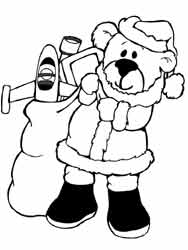 coloriage d'ourson déguisé en Père-Noël distribuant des  cadeaux