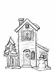 coloriage de maison avec sapin et bonhomme de neige
