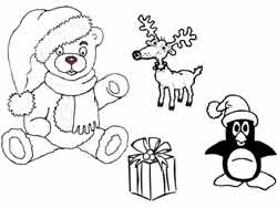 coloriage d'ourson déguisé en Père-Noël, de renne, de pingouin et de cadeau