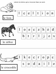 fiche sur les animaux pour retrouver les lettres contenues dans des mots parmi d'autres lettres