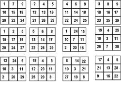 grilles de 9 chiffres toutes différentes pour jouer au loto des nombres